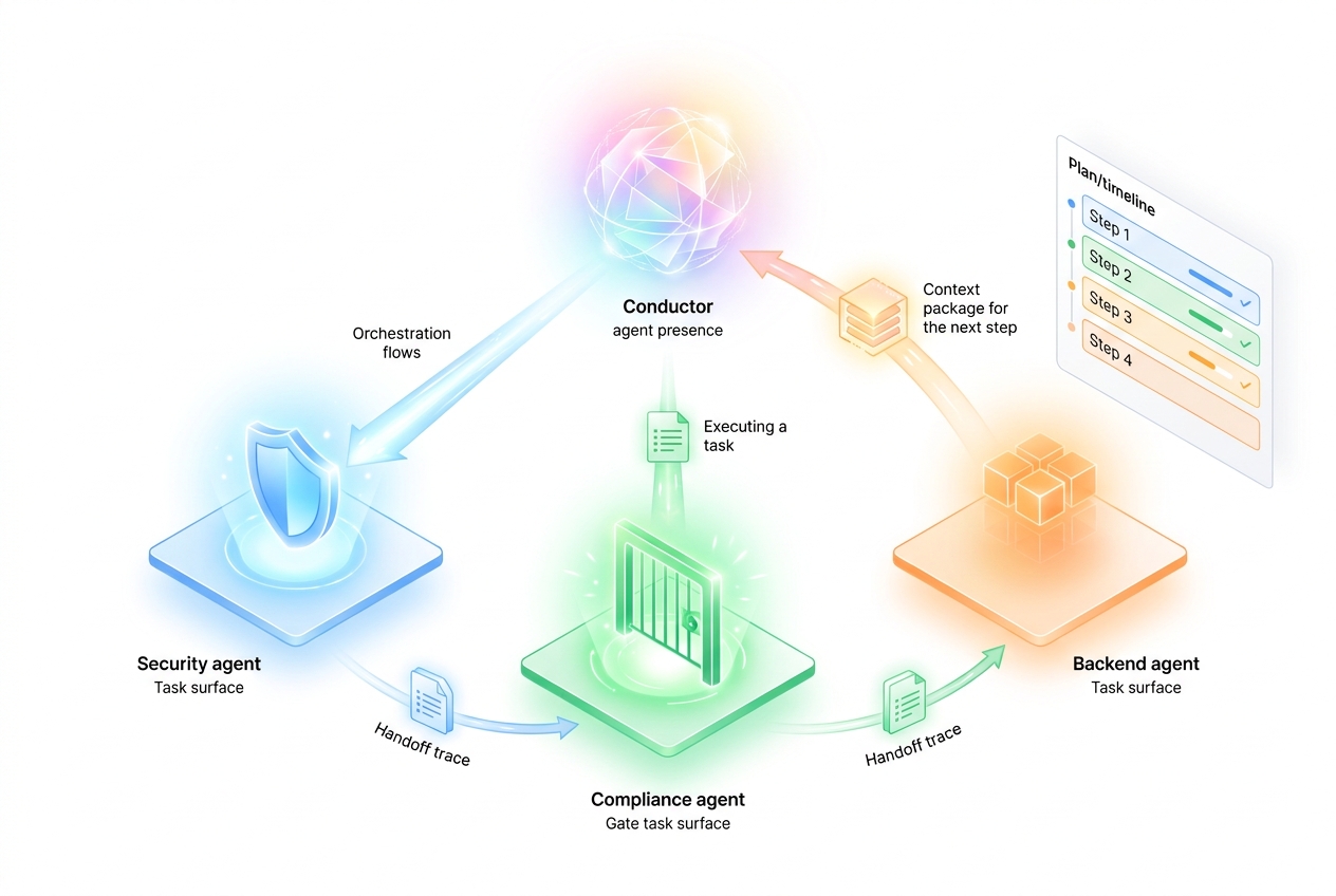 Conductor agent orchestrating specialist agents through a structured plan with handoff traces